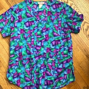 Cherokee silky colorful adjustable tie waist Vneck 2pocket scrub top szS